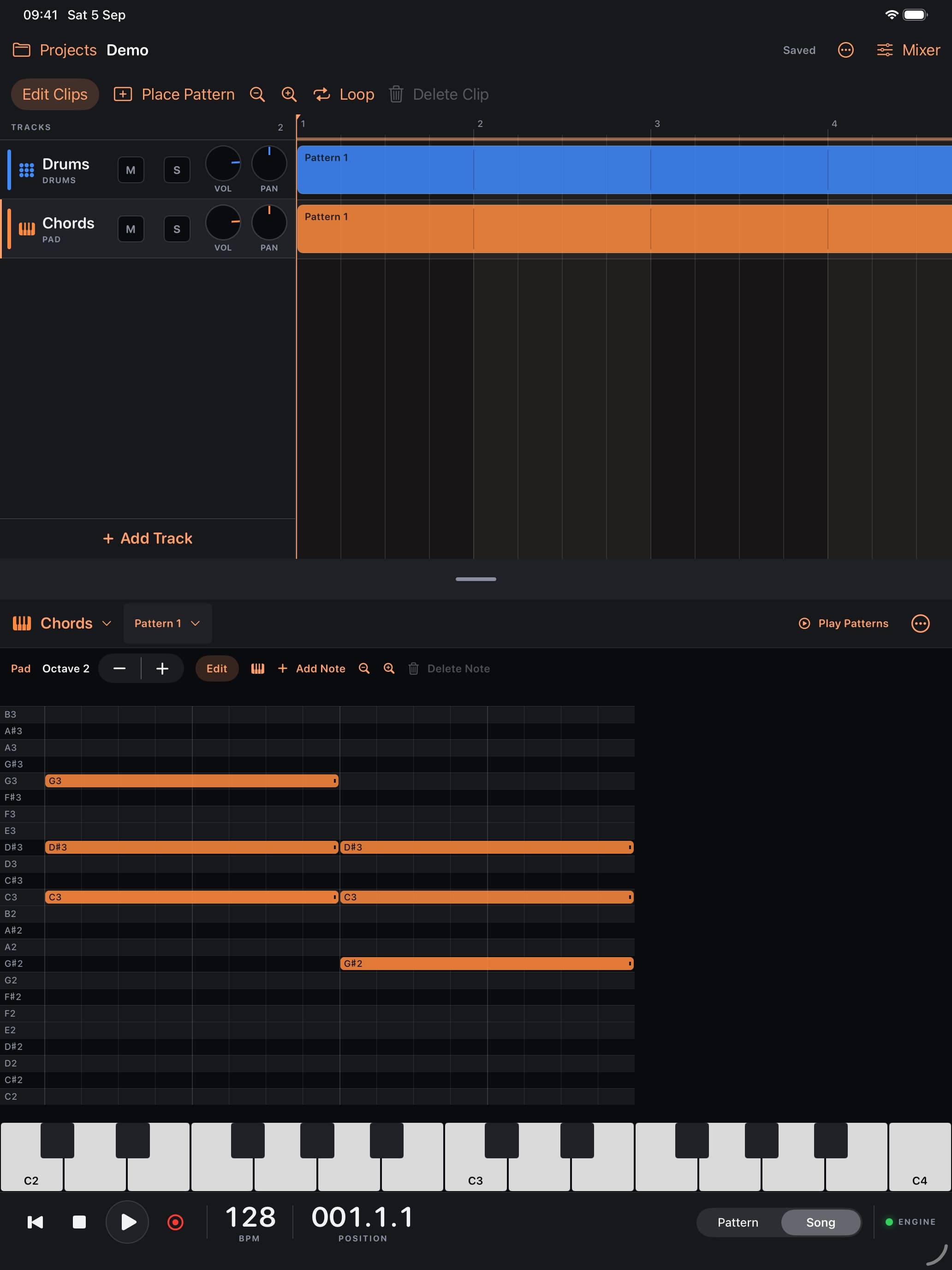 Beatlab on iPad showing coloured arrangement clips, the synth piano roll and a keyboard