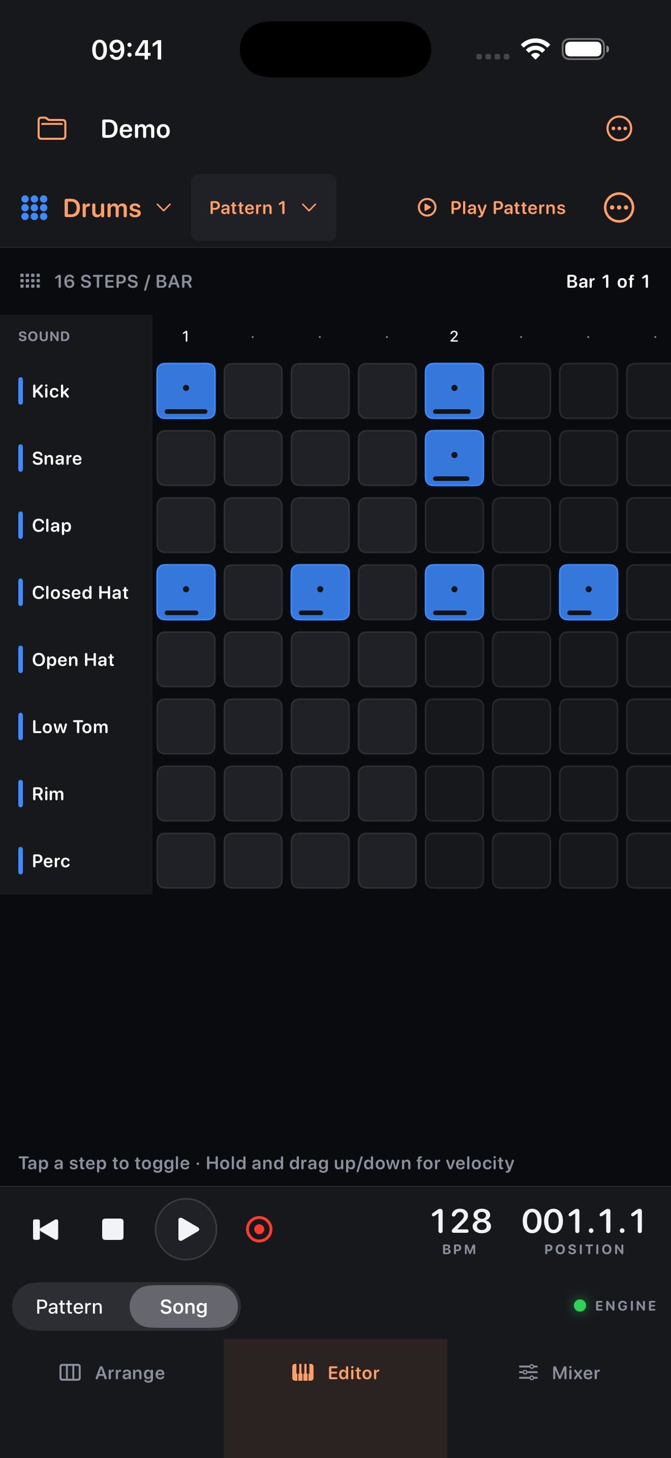 Beatlab's drum editor on iPhone with eight rows of steps and transport controls